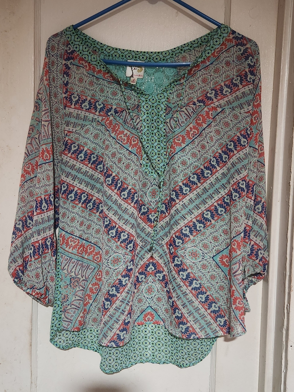 fig and flower Mint Teal Multicolor Patterned V-Neck Tunic